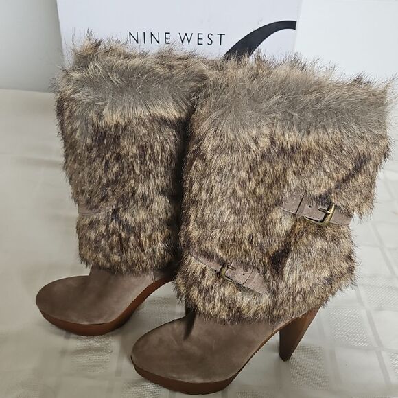 Nine West  Faux Fur Ankle Boots - Brown - Picture 15 of 16
